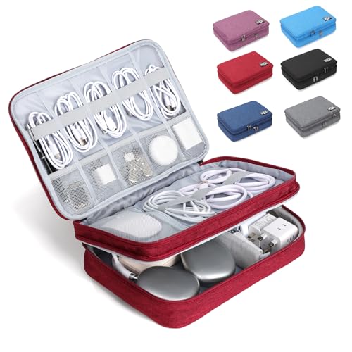 Large Electronic Organizer Travel Case, Double Layer Tech Accessories Bag with 3 DIY Adjustable Dividers, Waterproof Padded Cable Storage Pouch for Camera Gear, Power Bank, Hard Drive, Mouse - color: red