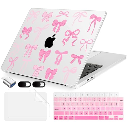MecBevia Compatible with 2026 M5 MacBook Air 13 inch Case 2026 2025 2024-2022 M5 A3449 M4 A3240 M3 A3113 M2 A2681, Keyboard Cover, Screen Protector, Webcam Cover & Type-C OTG, Pink Bows - color: Pink Bows