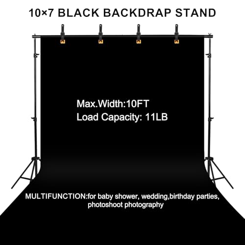 10x7ft Adjustable Photography Backdrop Stand Kit – Photo Studio Background Support with 4 Crossbars, 4 Clamps, 2 Sandbags (with 10 * 7 Feet Black Backdrop Curtain) - color: Black