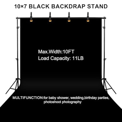 10x7ft Adjustable Photography Backdrop Stand Kit – Photo Studio Background Support with 4 Crossbars, 4 Clamps, 2 Sandbags (with 10 * 7 Feet Black Backdrop Curtain) - color: Black