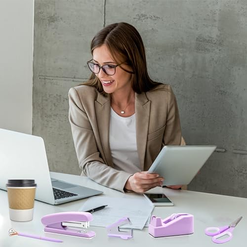 Purple Office Supplies, Purple Desk Accessories, Stapler, Staple Remover, Tape Holder, Pen Holder, Ballpoint Pen, Scissor, Binder Clips, Paper Clips and 1000pcs Staples. - color: Purple