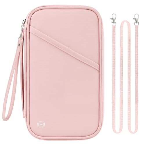 Travel Passport Wallets, Airtag Lightweight Family Passport Holder With RFID Blocking Passport Cover Case Waterproof Bag Document Organizer for Men and Women-pink - color: Pink