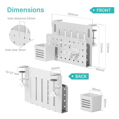 PEGZONE Desk Side Storage Organizer, No Drill Under Desk Laptop Holder, Clamp on Desks Shelf with Pegboard Accessories, Hanging Laptop Mount, Fits Flat Edge 0.4" to 2.2", White - color: White