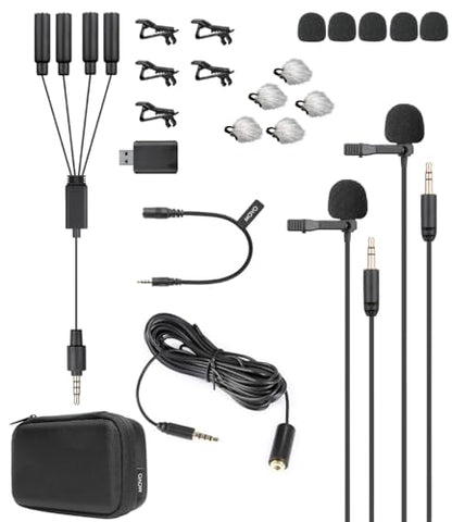 Movo VersaLav-V2 Lavalier Microphone Set for Smartphones, Computer, DSLR or Mirrorless Camera with Two Lapel Microphones, Splitter, Extension Cord, Clip-on Lav Mics for Video, Podcast, Vlog, Interview