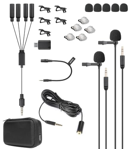 Movo VersaLav-V2 Lavalier Microphone Set for Smartphones, Computer, DSLR or Mirrorless Camera with Two Lapel Microphones, Splitter, Extension Cord, Clip-on Lav Mics for Video, Podcast, Vlog, Interview