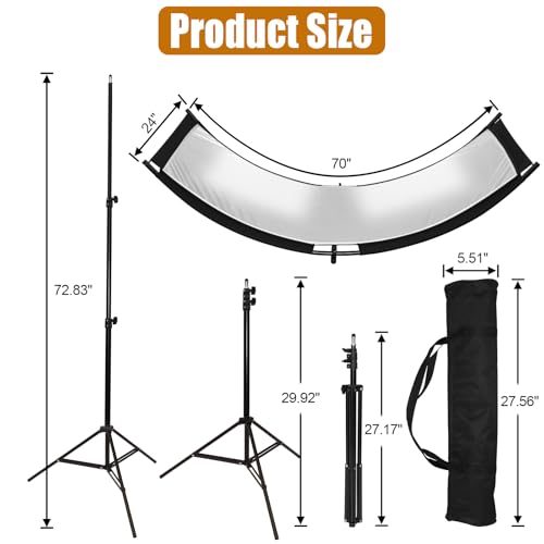 Clamshell Light Reflector Diffuser with Stand and Carrying Bag, 70"x24"/180x60cm Arclight Curved Lighting Reflector for Photo Studio Photography with White/Gold/Silver/Black Colors by MCCKLE