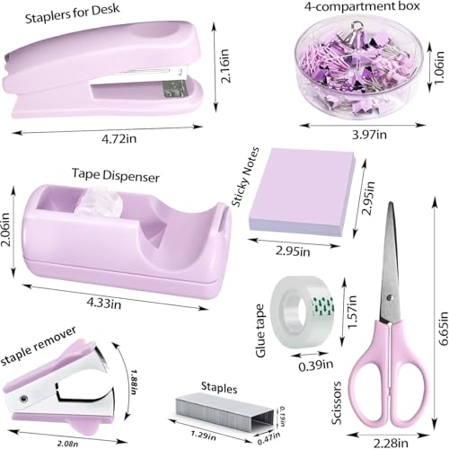 Purple Office Desk Accessories,Purple Office Supplies Set,Stapler and Tape Dispenser Set,Tape,Staple Remover, Staples,Paper Clips,Scissor,Sticky Note and Desk Drawer Organizer - color: Macaron Purple