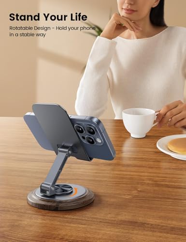 Foldable 360° Rotating Phone Stand for Desk | Cellphone Stand with Anti-Slip Base Portable Phone Holder for iPhone 17 16 15 14 13 Pro Max, All Smart Phones, iPad - color: Wood Grain Black