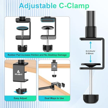 Ailight Desk Mount for Live Streaming, Instant Height Adjustable C-Clamp Stand with Ball Head & Phone Holder, 1/4" Screw for Camera/Smartphone/Webcam, Tool-Free Telescopic for Vlogging & Recording - size: TS6002