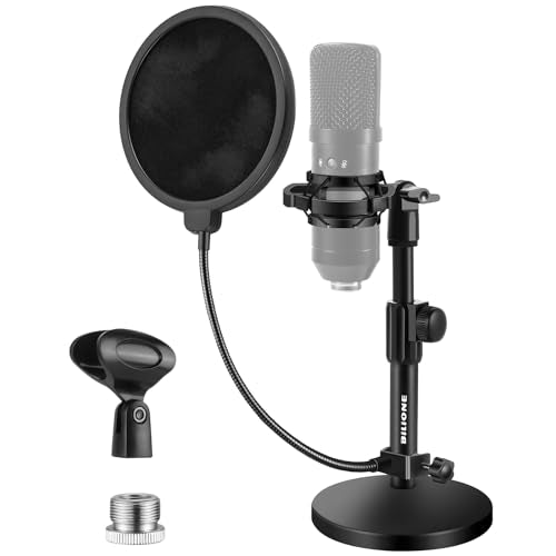BILIONE Versatile Desktop Microphone Stand, Mic Stand Kit for Desk | 1.5lbs Weighted Base, Height adjustable, With Pop Filter, Shock Mount, Mic Clip, 5/8" to 3/8" Adapter, forrecording & studio - size: Round Base