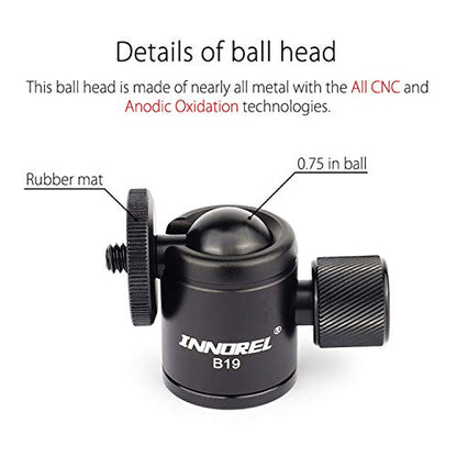 Mini Tripod Ball Head-INNOREL B19 Mount Head-Metal Ballhead 360° Pan 90° Tilt Tripods Mount with 3/8" to 1/4" Adapter CNC Ballheads,Max Load 6.61 lb for Phone/DLSR Camera/Mini Holder (1 Piece)