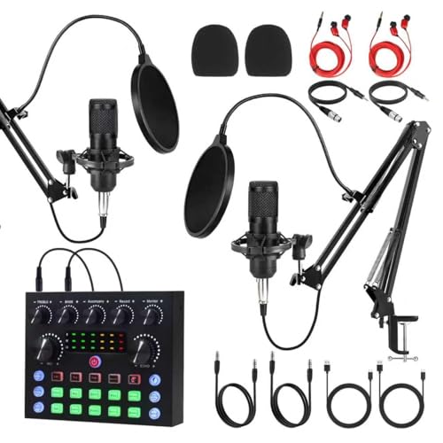 Podcast Equipment Bundle for 1, Studio Recording Kit with Condenser Mics, Bluetooth Sound Card, DSP Effects, Real-Time Monitoring, Plug & Play for Streaming, Singing, Gaming, (Black, 2 Packs)