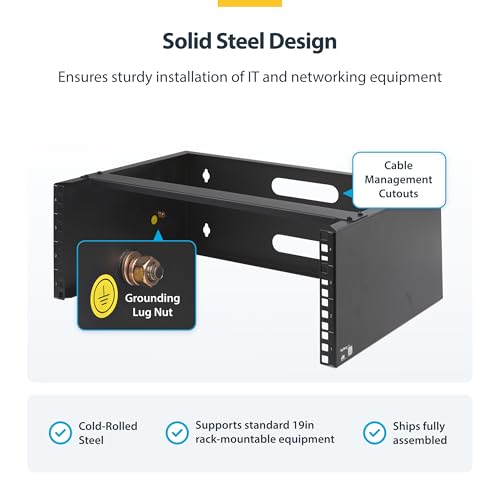 StarTech.com 4U Wall Mount Network Rack - 14 Inch Deep (Low Profile) - 19" Patch Panel Bracket for Shallow Server and IT Equipment, Network Switches - 44lbs/20kg Weight Capacity, Black (WALLMOUNT4) | Low-profile shallow rack, M6 screws and cage nuts, Fits