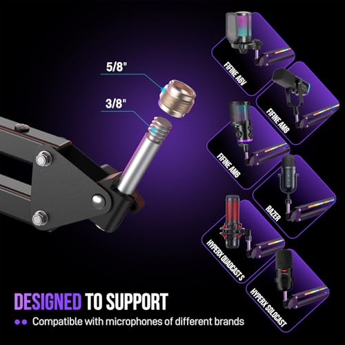 FIFINE Microphone Boom Arm, Metal Adjustable Mic Arm Stand with RGB Control, 3/8” to 5/8” Screw Adapter, Desk Mount Clamp, Suspension Scissor Mic Stand for Gaming Streaming Podcast-AmpliGame BM38 - color: Black