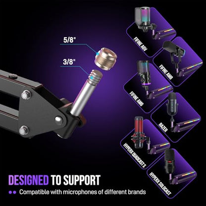 FIFINE Microphone Boom Arm, Metal Adjustable Mic Arm Stand with RGB Control, 3/8” to 5/8” Screw Adapter, Desk Mount Clamp, Suspension Scissor Mic Stand for Gaming Streaming Podcast-AmpliGame BM38 - color: Black