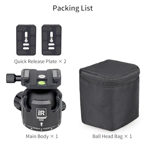 Low Profile Tripod Ball Head-INNOREL N52, Black, Panoramic CNC Metal Camera Tripod Ball Head with Two 1/4" Screw Arca Swiss Quick Release Plates for Tripod, Monopod,DSLR,Camcorder, Max Load 66lbs/30kg - size: N52-Black