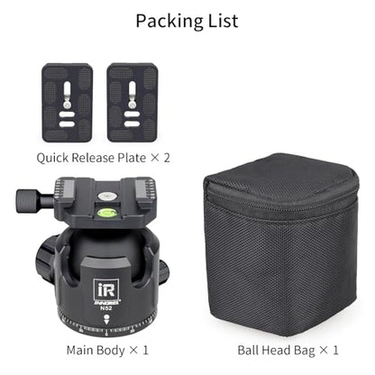 Low Profile Tripod Ball Head-INNOREL N52, Black, Panoramic CNC Metal Camera Tripod Ball Head with Two 1/4" Screw Arca Swiss Quick Release Plates for Tripod, Monopod,DSLR,Camcorder, Max Load 66lbs/30kg - size: N52-Black