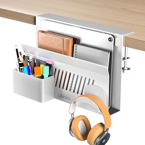 Litwaro Desk Side Storage, No Drill Laptop Holder with Magnetic Pen Holder, Under Desk Laptop Mount with Sticky Headphone Holder, Hanging Desks Organizer Fits Flat Edges 0.4" to 2" (White) - color: White, size: 11.8"-1Tier