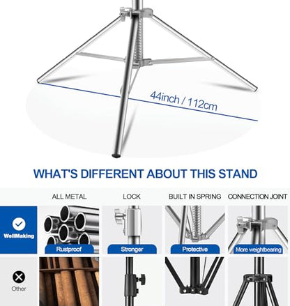 WELLMAKING Stainless Steel Photography Light Stand 9.2ft/280cm.Spring Cushioned Heavy Duty Tripod Stand with 1/4”to3/8” Screw Adapter and Tilt Swivel Mount for Strobe, Video Light,ring light,Monolight - size: 9.2ft