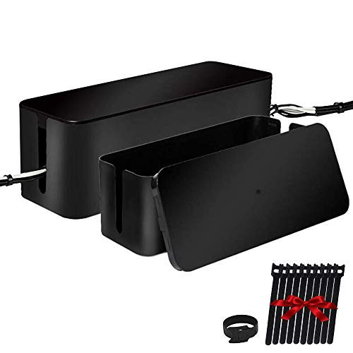 Cable Management Box Organizer, Pack of 2 Wire Concealer to Cover Hide Surge Protector & Power Strip on Desk Floor, with 5 Cord Fastening Tapes for Office, Home, Kitchen (Luxury Black) - color: Black