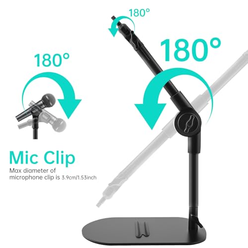 Desk Microphone Stand Weighted Base Mic Holder for Podcast Stream Recording | Solid Metal base holds 2.2lb. Adjustable Dual pivot 180° angle control.Includes mic adapters.Non-slip pads.Fits most gear