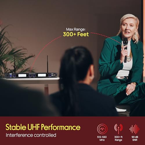 Pyle 4 Channel UHF Wireless Microphone System with 2 Handheld Mics, 2 Lavalier 2 Headsets & Beltpack Transmitters, 300ft Range, Rack Mount Receiver for Church, Meetings, DJ & PA Systems - style: 4-Channel All Mixed