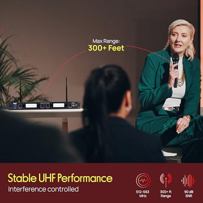 Pyle 4 Channel UHF Wireless Microphone System with 2 Handheld Mics, 2 Lavalier 2 Headsets & Beltpack Transmitters, 300ft Range, Rack Mount Receiver for Church, Meetings, DJ & PA Systems - style: 4-Channel All Mixed