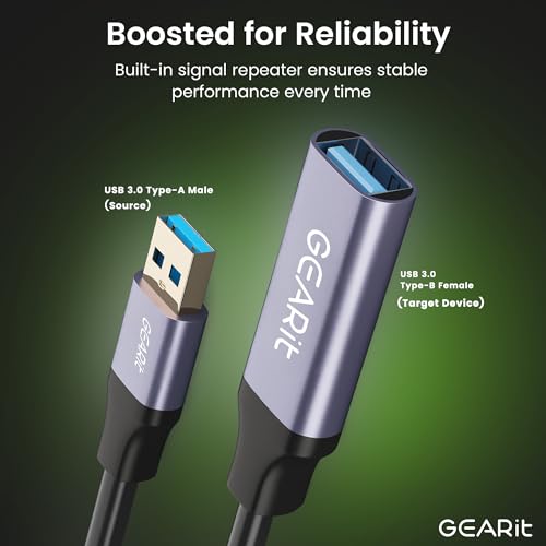 GEARit USB 3.0 Active Extension Cable (30 Feet) A-Male to A-Female USB Repeater with Signal Booster for Oculus Rift, Quest Link, Xbox 360 Kinect, PlayStation, Printer, Webcam - 30ft - size: 30 Feet