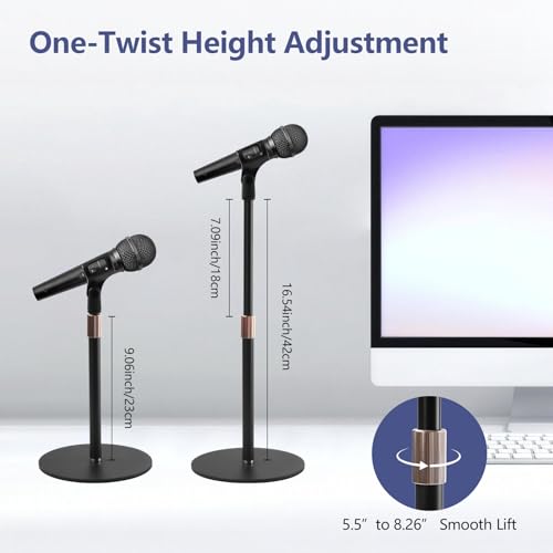 BILIONE Desktop Microphone Stand for Podcast Recording, 9-16.5“ Height Adjustable Mic Stand for Desk with 1.3 lb Weighted Base, Heavy-Duty Metal Construction, Universal 3/8” to 5/8" Adapter, 2 Clips - size: Mic Stand Desktop