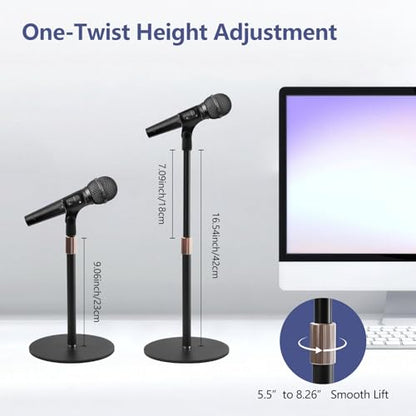 BILIONE Desktop Microphone Stand for Podcast Recording, 9-16.5“ Height Adjustable Mic Stand for Desk with 1.3 lb Weighted Base, Heavy-Duty Metal Construction, Universal 3/8” to 5/8" Adapter, 2 Clips - size: Mic Stand Desktop