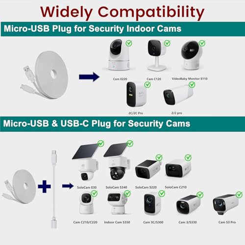 weishan 2-Pack 30ft Power Extension Cable Compatible with eufy SoloCam S220, S340 and Indoor Cam E220, P24, C120-9m Long Flat USB to Micro USB Charging Cord with USB-C Adapter, White