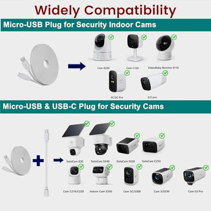 weishan 2-Pack 30ft Power Extension Cable Compatible with eufy SoloCam S220, S340 and Indoor Cam E220, P24, C120-9m Long Flat USB to Micro USB Charging Cord with USB-C Adapter, White