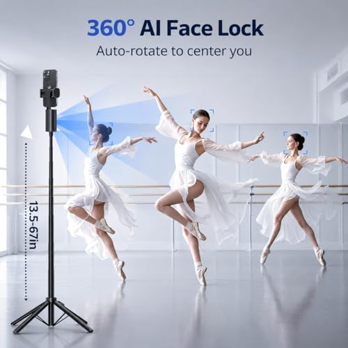 UBeesize 67'' Auto Face Tracking Phone Tripod, 360° AI Follow Selfie Stick with Remote, Adjustable Tripod Stand for iPhone 17/16/15/14/13 & Android, for TikTok, Vlogging & Video Recording