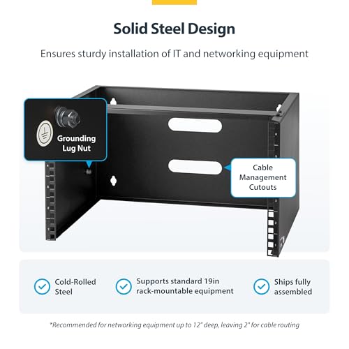 StarTech.com 6U Wall Mount Network Rack - 14 Inch Deep (Low Profile) - 19" Patch Panel Bracket for Shallow Server and IT Equipment, Network Switches - 44lbs/20kg Weight Capacity, Black (WALLMOUNT6) | Low-profile shallow rack, M6 screws and cage nuts, Ship