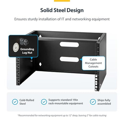 StarTech.com 6U Wall Mount Network Rack - 14 Inch Deep (Low Profile) - 19" Patch Panel Bracket for Shallow Server and IT Equipment, Network Switches - 44lbs/20kg Weight Capacity, Black (WALLMOUNT6) | Low-profile shallow rack, M6 screws and cage nuts, Ship