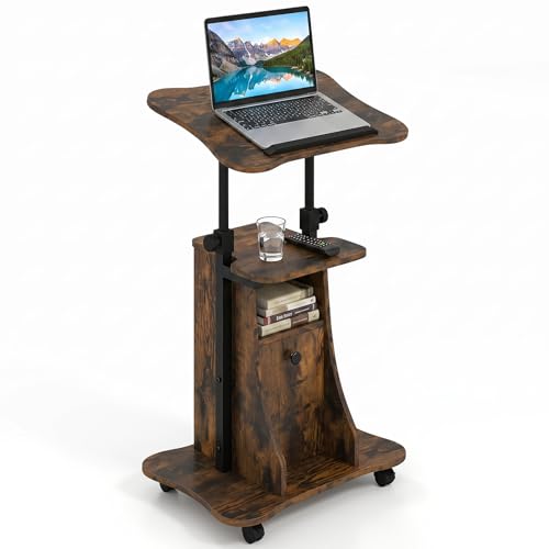 Tangkula Rolling Lectern Podium Stand, Height Adjustable Laptop Table with Tilting Tabletop & Storage Shelves, Compact Standing Desk with Lockable Casters for Home Office School (Rustic Brown) - color: Rustic Brown, size: 21.5" x 16" x 37.5"