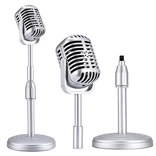 Facmogu Vintage Desktop Microphone Prop Model with Adjustable Stand, Classic Retro Style Microphone Prop Decor for Party Decoration Costume Role Play & Game Night - Silver - color: Silver
