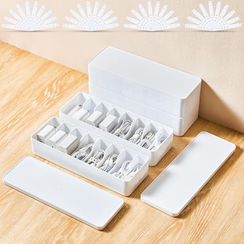 Tatuo 4 Pcs Cord Organizer for Drawer Desktop, Cable Organizer Box with 8 Compartments and Wire Ties, Plastic Charger Storage with Lid, Electronics Case for Home Office Accessories (Small,White) - color: White