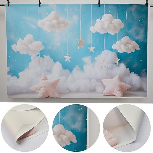 YongFoto Cute Sky Clouds Star Blue Backdrop 5x3ft Kids Photography Background Boy Girl Birthday Baby Shower Cradle Ceremony Party Banner Child Portrait Photoshoot Wallpaper Photo Studio Booth Props - color: Blue, size: 5ftx3ft