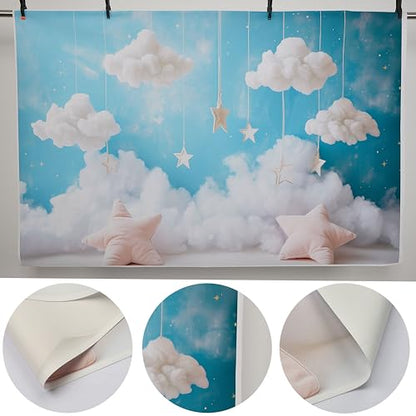 YongFoto Cute Sky Clouds Star Blue Backdrop 5x3ft Kids Photography Background Boy Girl Birthday Baby Shower Cradle Ceremony Party Banner Child Portrait Photoshoot Wallpaper Photo Studio Booth Props - color: Blue, size: 5ftx3ft