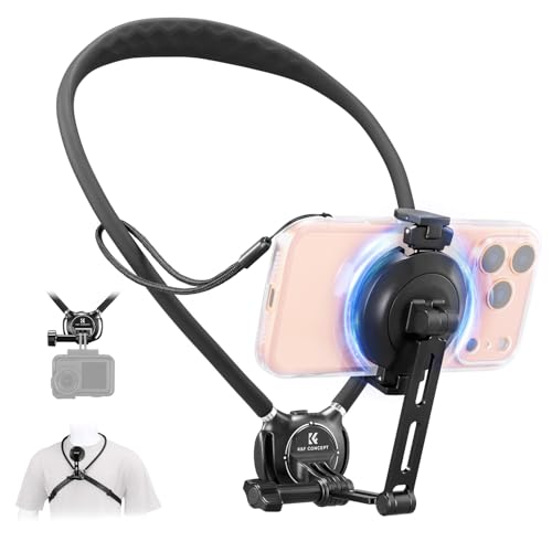 K&F CONCEPT Neck Phone Holder, 2-in-1 Magnetic & Clip-on Phone Neck Holder, POV Phone Holder, Hand Free Chest Stand Compatible with iPhone 17-12 Seires Android Phones - color: Black