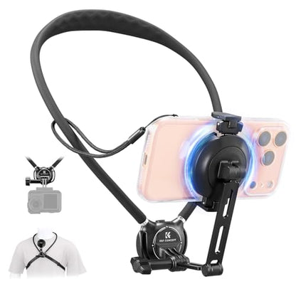 K&F CONCEPT Neck Phone Holder, 2-in-1 Magnetic & Clip-on Phone Neck Holder, POV Phone Holder, Hand Free Chest Stand Compatible with iPhone 17-12 Seires Android Phones - color: Black