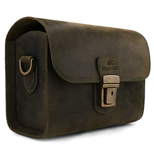 MegaGear Pebble Genuine Leather Camera Messenger Bag for Mirrorless, Instant and DSLR Cameras - color: Olive
