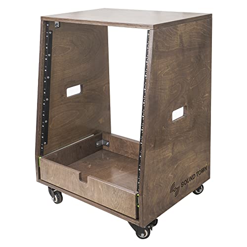 Sound Town 12U DIY Solid Baltic Birch Plywood Slanted Studio Rack with 12U Rack Space, Extra 2U Drawer, Rubber Feet, Casters, Weathered Brown (SDRK-12TBD2) - size: 12U, Weathered Brown, Slanted w/ Drawer
