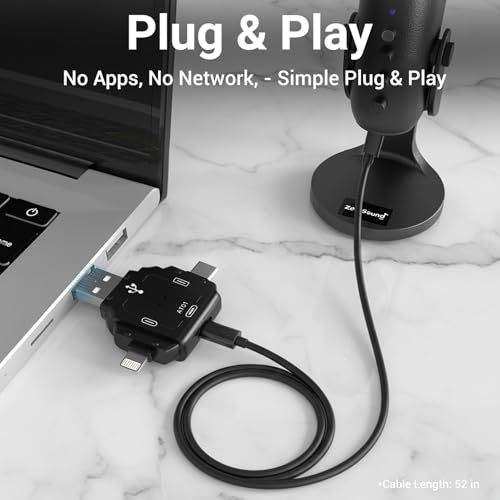 ZealSound USB Microphone Adapter – 3-in-1 Audio-Only Plug & Play Mic Adapter with USB-C, Lightning & USB for iPhone/Android/PC, Stable Signal for Streaming, Recording & Podcasting