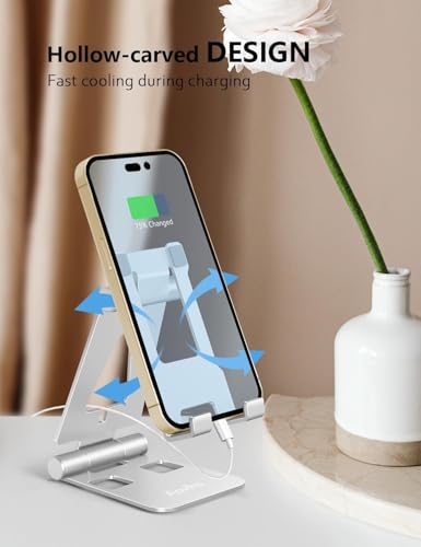 Aoviho Cell Phone Stand for Desk, Adjustable Desktop Phone Holder Stand, Foldable Moblie Phone Dock for iPhone 17 16 15 Pro Xs Max Xr X 8 7 6 5 5s SE Nintendo Switch All Phones, Silver - color: Silver