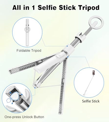 TONEOF 68" Magnetic Selfie Stick Tripod with Aluminum Strong Magnetic Holder for Magsafe, 360° Rotatable Travel Phone Tripod Stand with Metal Ring & Rechargeable Remote for iPhone/Android（White） - color: White
