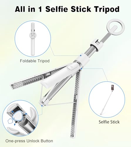 TONEOF 68" Magnetic Selfie Stick Tripod with Aluminum Strong Magnetic Holder for Magsafe, 360° Rotatable Travel Phone Tripod Stand with Metal Ring & Rechargeable Remote for iPhone/Android（White） - color: White