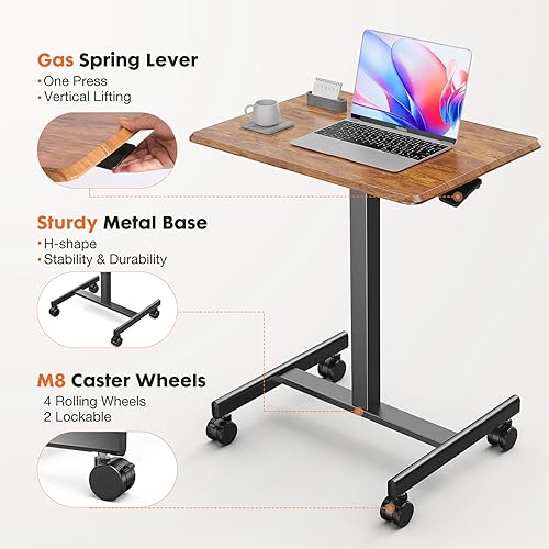 Sweetcrispy Mobile Rolling Desk with Lockable Wheels, Small Standing Laptop Desks, Sit Stand Adjustable Height Table Portable, Computer Workstations for Home Office, Brown - color: Brown