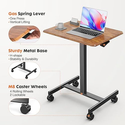 Sweetcrispy Mobile Rolling Desk with Lockable Wheels, Small Standing Laptop Desks, Sit Stand Adjustable Height Table Portable, Computer Workstations for Home Office, Brown - color: Brown